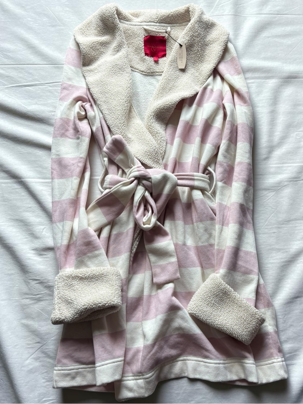NWT 2009 Victoria’s Secret Sherpa Plush Robe Pink White Stripes Cotton Blend S